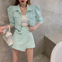 2022 summer womens korean style luxury cowboy two piece set fashion casual solid color jacket irregular short skirt suit