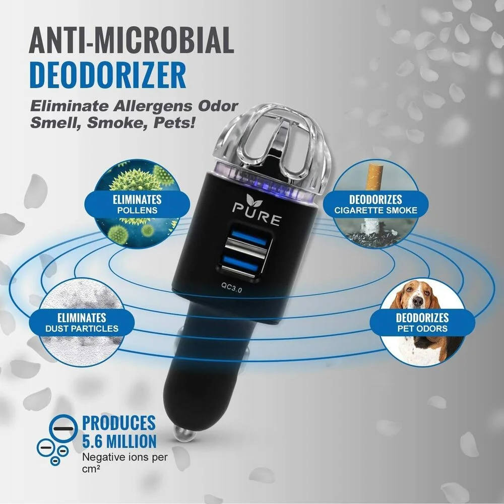 

Car Air Purifier Dual USB Ports Quick Charge 3.0 Ionizer Deodorizer Deodorizer