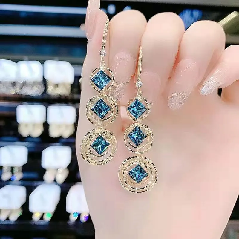 

Blue Hollow Multi-layer Round Tassel Earrings Women's Korean Temperament Long Ring Rectangular Crystal Earrings