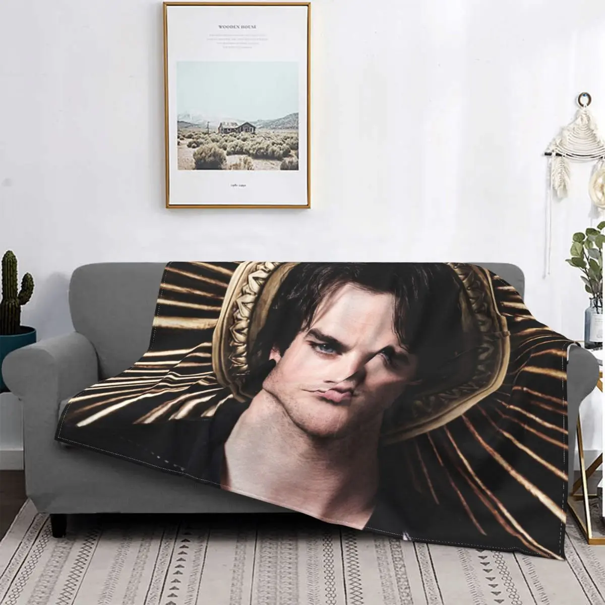 

Damon Salvatore Vampire Patterned Blanket Flannel Print Ian Somerhalder Portable Ultra Warm Blanket for Bed Bedroom Cover