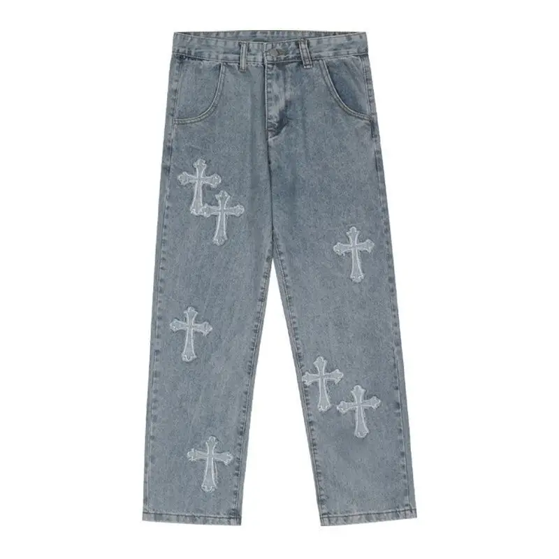 Street Cross Patch Mens Jeans Hip Hop Straight Tube Loose Wide Leg Long Pants for Men