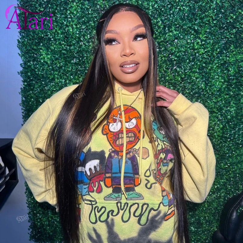 Yellow Brown Highlights Straight Human Hair Wigs Transparent 13x4 Lace Frontal Brazilian Hair Wig 5x5 Closure Wig Pre Plucked