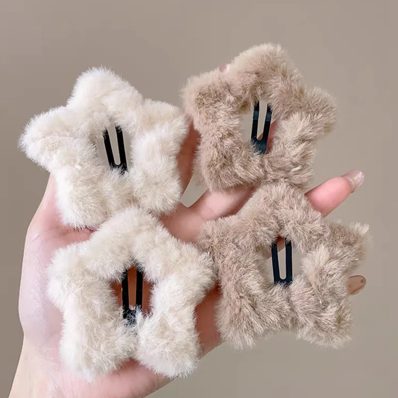 Плюшевые заколки для волос со звездами женщин и девочек милые пушистые из