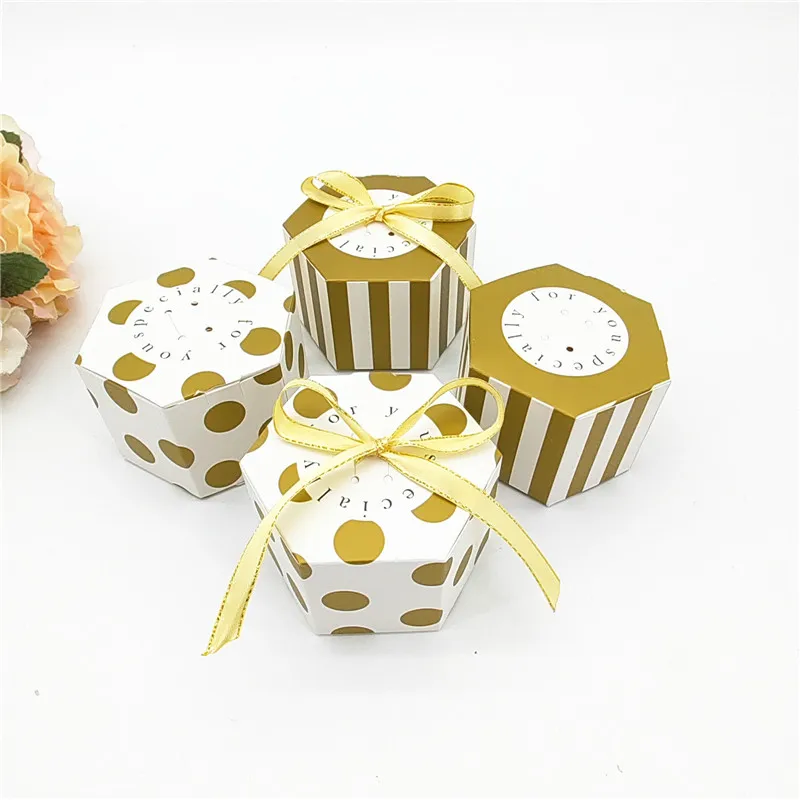 

10pcs Stripe/Dots Golden Black Bronzing Color Hexagon Chocolate Box Dragee Candy Box Baking Package Wedding Party Decorations