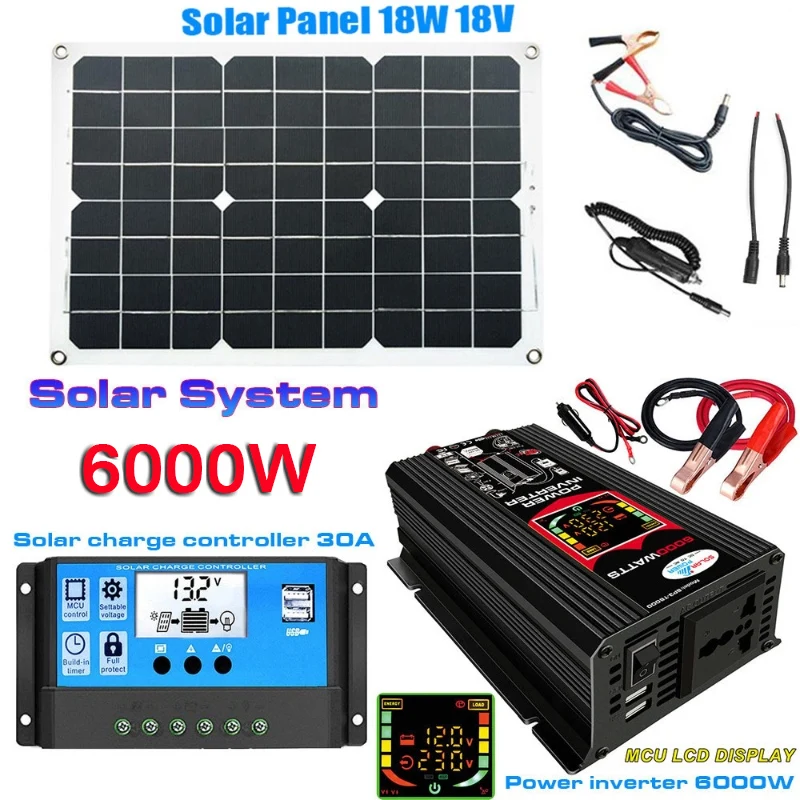 12V To 110V 220V 4000/6000W Solar Power System Solar Panel Controller Smart LCD Display Solar Inverter Dual USB for Car Phones