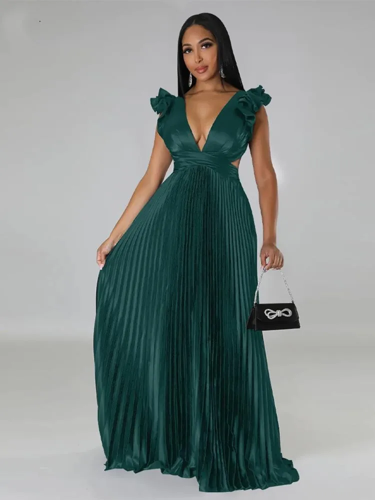 

RDMQ 2023 Women Solid Backless Elegant Long Dresses V-neck Pleated A-line Sexy Frock Summer Evening Party Casual Style Dress