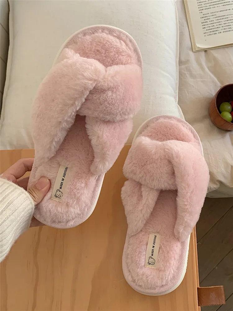 2022 Winter Plush Slippers Female Autumn And Winter Fairy Style Korean INS Home Anti-skid Plush Cross Cotton Home Slippers