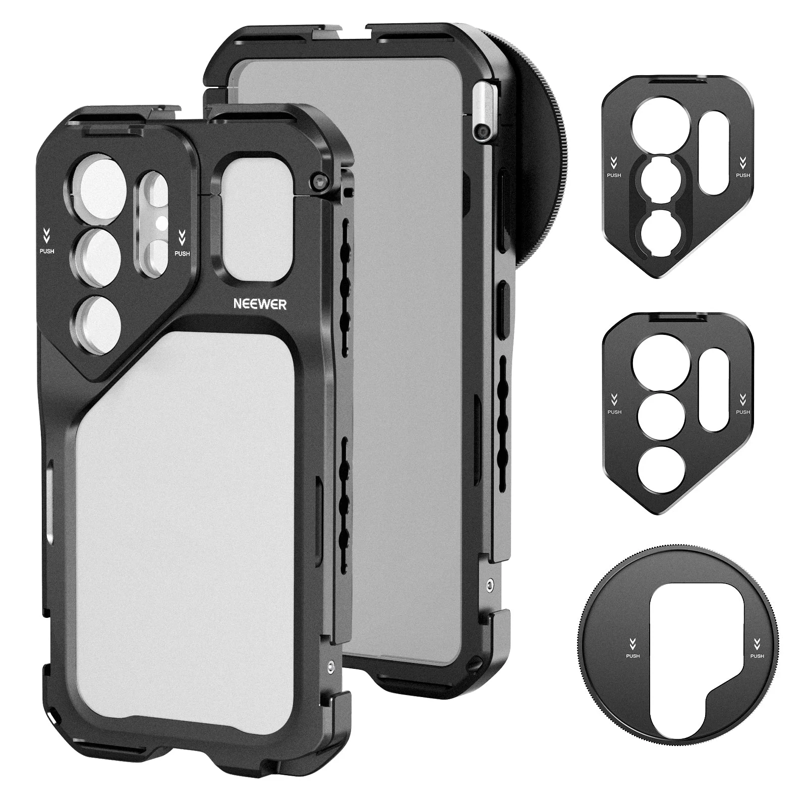 Фото NEEWER S26 Ultra Phone Cage: Мобильный видеориг-стабилизатор для смартфона, комплект для видеоблогинга с 3 задними панелями для фильтров 67 мм и объективов 17 мм с T-образным креплением №2