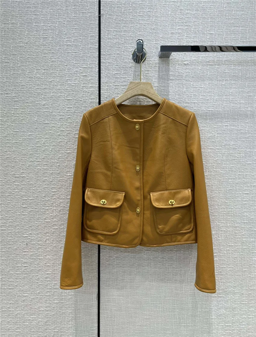 

Women 100% Sheepskin O Neck Metal Buttons Leather Jacket