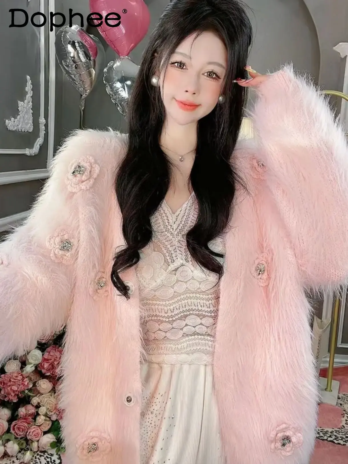 

Sweet Heavy Rhinestone Three-Dimensional Flower Mink Sweater Women's Pink Knitted Cardigan Autumn Winter New Thick Sweater Coat
