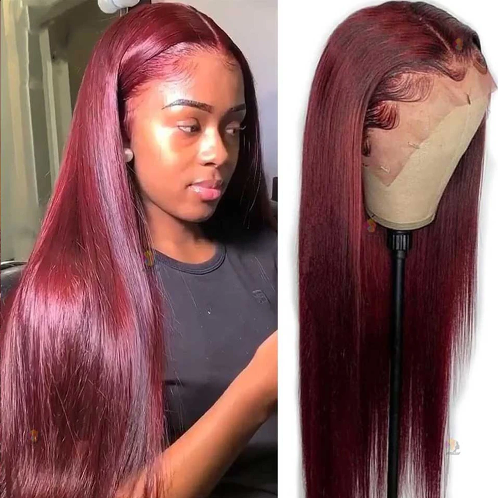

99J 13X4 Frontal Wig Burgundy Lace Front Wig Human Hair Unprocessed Brazilian Straight Human Hair Wigs For Women Pre Plucked