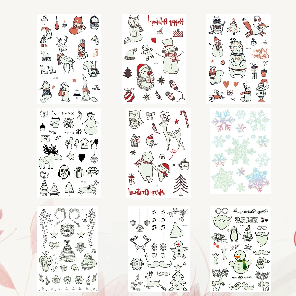 

9 Pcs Tattoo Stickers Christmas Theme Cartoon Temporary Tattoos Decorative Stickers for Adults