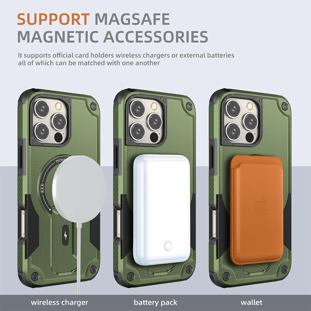 Противоударный чехол военного класса для iPhone 11 12 13 14 15 16 17 Pro Max с магнитной беспроводной зарядкой и невидимой подставкой (art.: 3920cd401760b) - 3920cd401760b