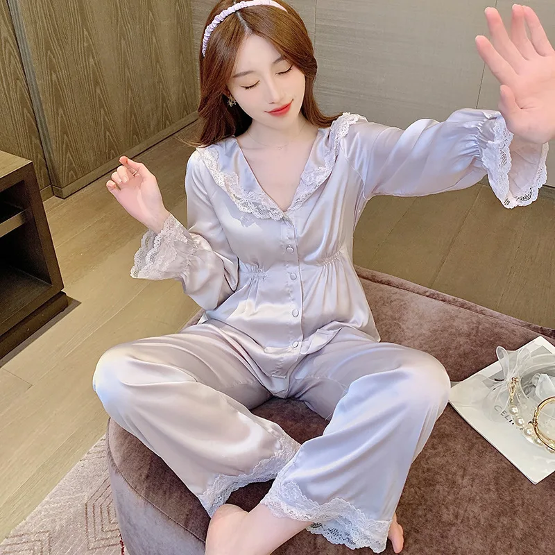 2023 New Palace Style Pajamas Women's Spring/Summer Ice Silk French Long Sleeve Ice Silk Can Be Outworn