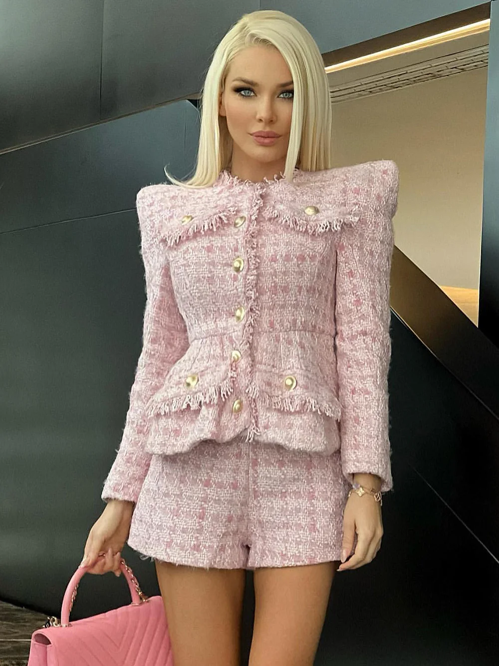 Женский элегантный твидовый костюм Белый однобортный пиджак с бахромой и шорты