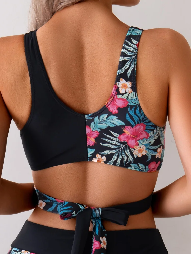 Женский купальник бикини однотонный комплект на бретельках с принтом