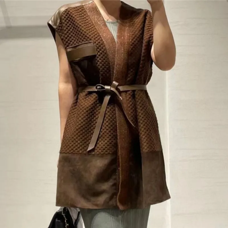 

Cashmere Leather Vest Women 2022 Winter Female Lambskin Suede Belt Wool Warm V-neck Sleeveless Jacket
