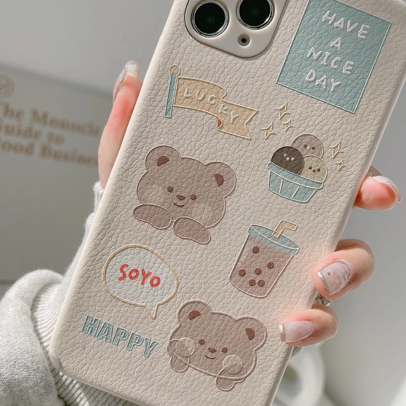 

Painted leather grain milk tea bear Phone Case For iphone 14 13 12 11 Pro Max X XR XSMAX 7 8 Plus SE TPU Case Cover new products