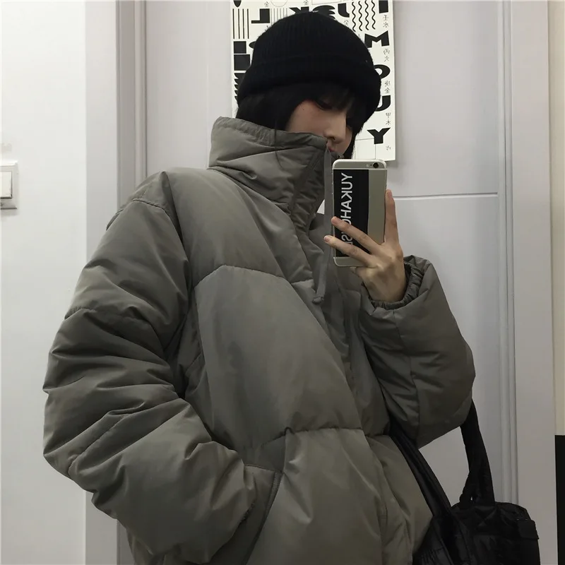 Women's Solid Color Cotton Jacket Thickened Loose High Collar Winter Jacket Korea Ins Harajuku Student Fashion Couple Jacket