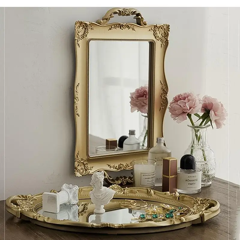 

Retro Mirror Tray European Creative Carved Ornaments Living Room Home Decoration Crafts Makeup Storage Tray Display Tray