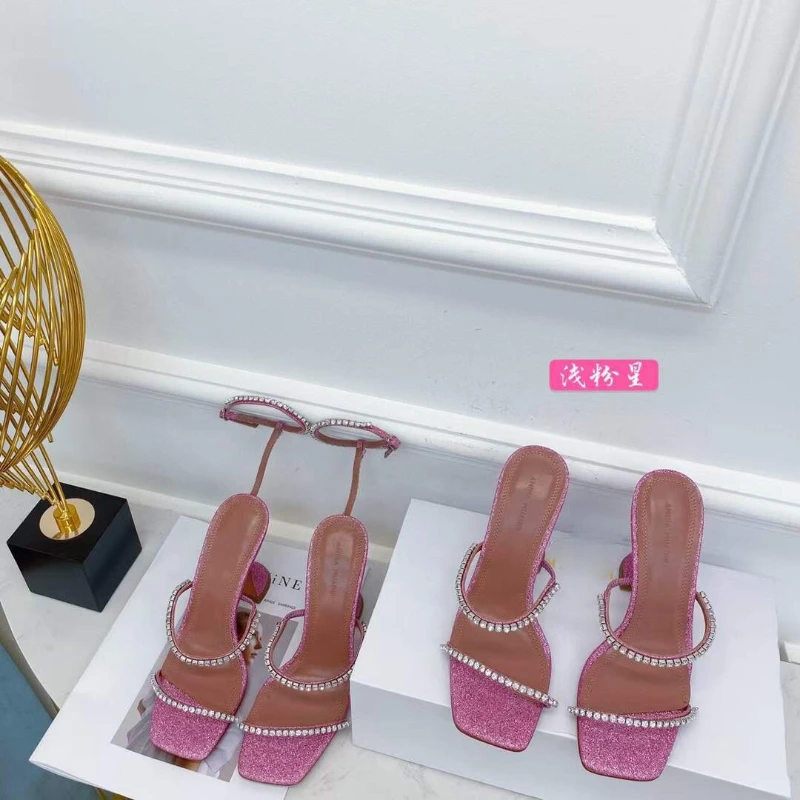 2023 Summer Fashion Square Head Open Toe Rhinestone with High Heel Sandals Wine Glass and Women's Slippers