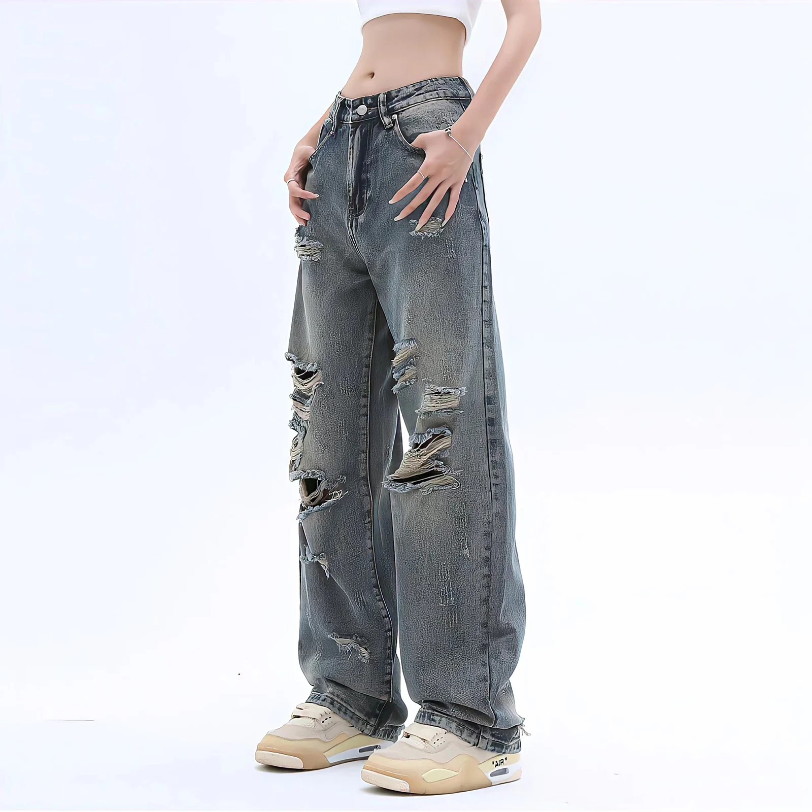 Ladies Ripped Jeans  Loose Wide Leg Pants Y2k New Washed Straight Pants Korean Retro Street Style Denim Trousers Womens Jeans