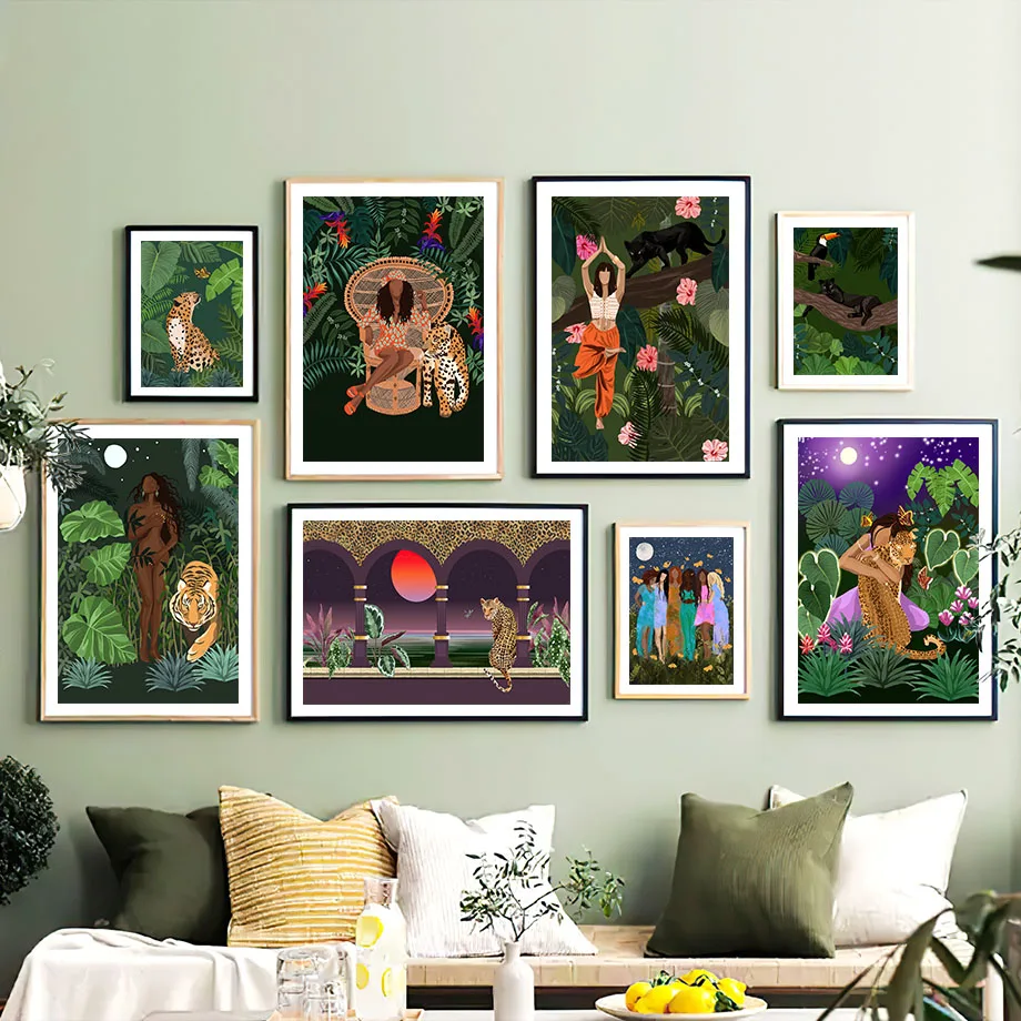 

Абстрактные тропические растения девушка Леопард Тигр Бохо настенная Картина на холсте постеры и принты настенные картины для декора гостиной