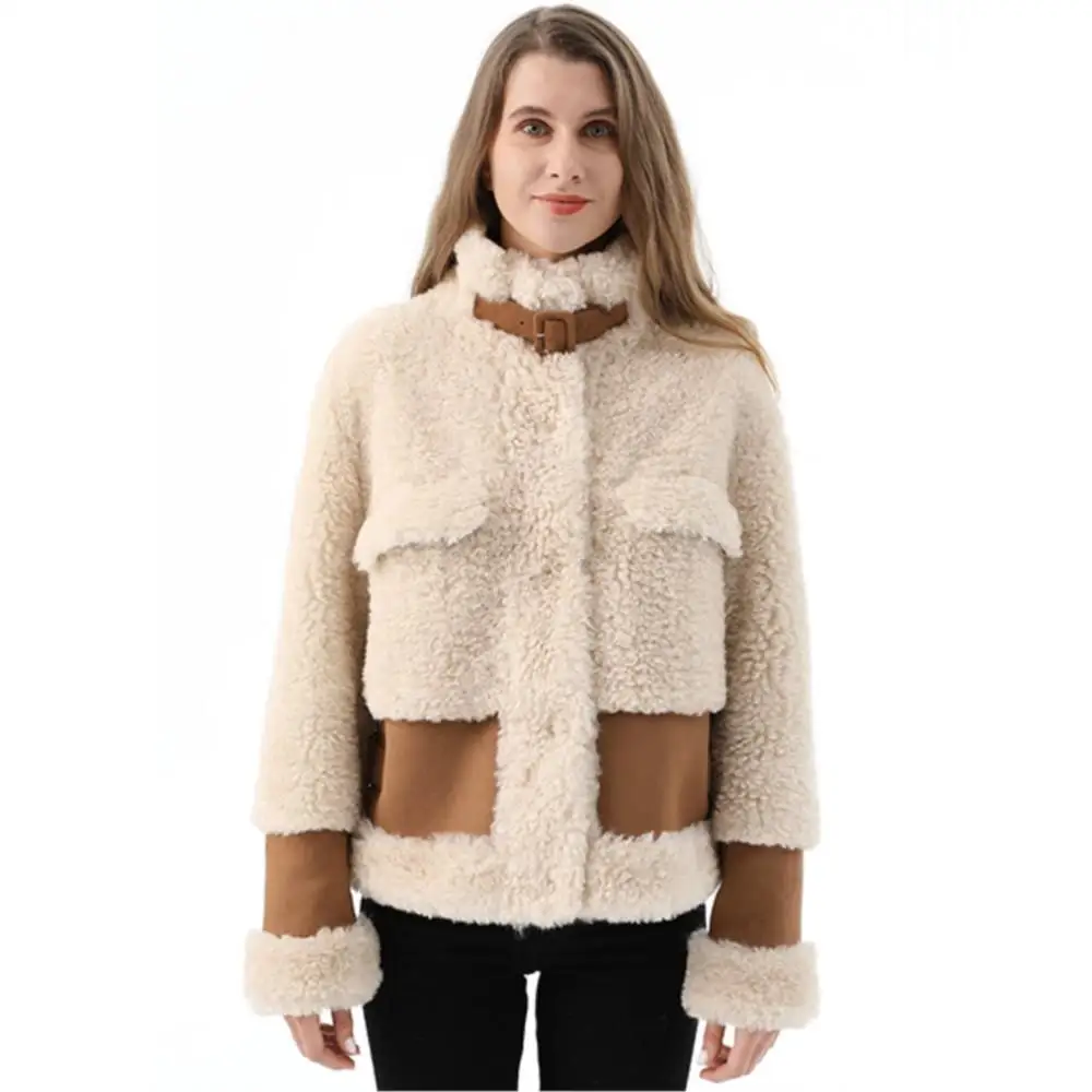 Women Winter Real Fur Moto Button Jacket Thick Lined Big Pocket Parka Leisure Neckline Bondage Real Suede Leather Coat