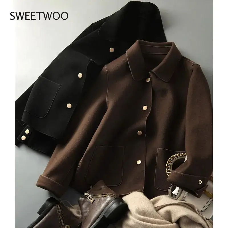 

High Quality Women Woolen Jacket Vintage Casual Spring Autumn All-Match Oversized Outerwear Elegant Short Office Ladies Coat Top