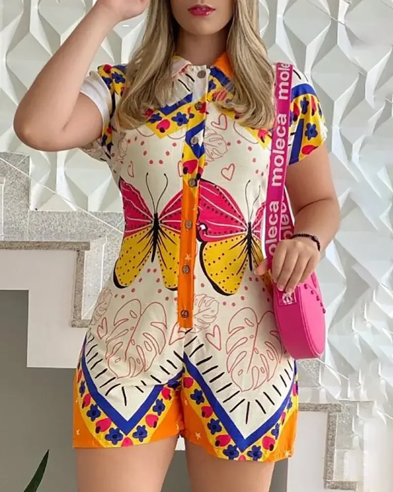 

2022 Summer Women's Jumpsuit Casual Shorts Short Sleeve Lapel Skinny Print Button Jumpsuit