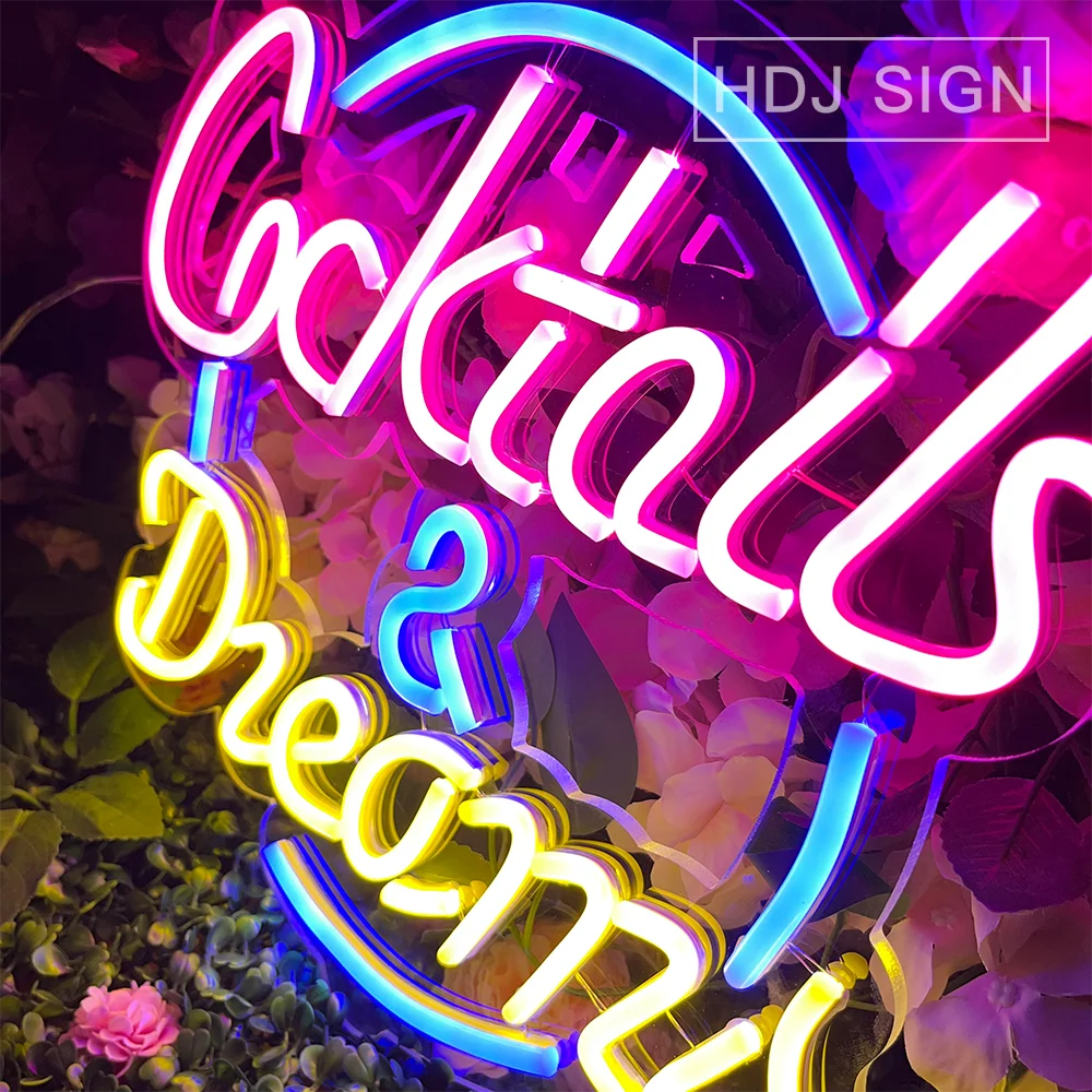 Неоновая светодиодсветодиодный надпись с логотипом коктейлей и мечт Настенный