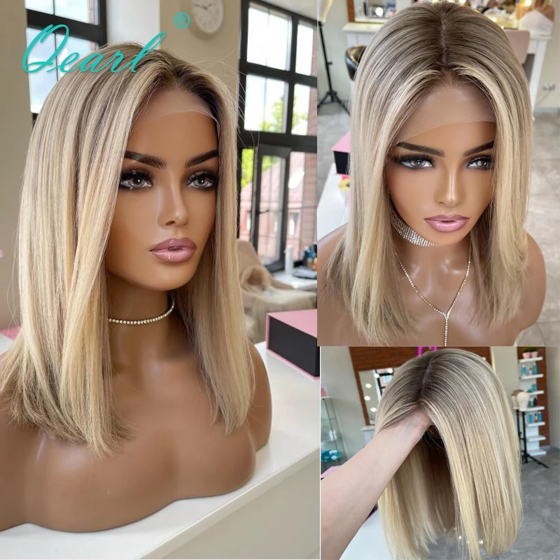 Bob Wig Lace Front Human Hair Wigs Honey Ash Blonde Lace Frontal Wigs 13x4 Silky Straight Short Glueless Virgin Hair 150% Qearl