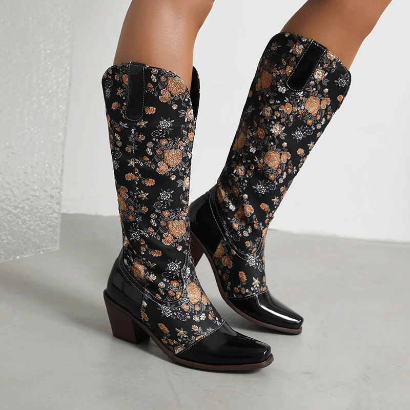 

Plus Size Print Fabric Stitched Glossy Patent Leather Print Western Boots Floral Print Peacock Print Women's Knee-High Boots 43