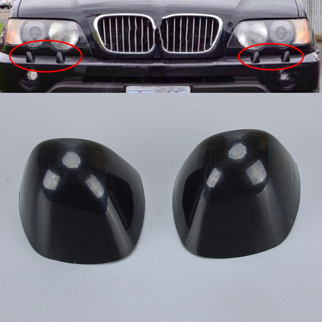 

61677145235, 61677145236, 1 пара, крышка для омывателя передней фары автомобиля, подходит для BMW X5 E53 LCI 2003, 2004, 2005, 2006, черный пластик
