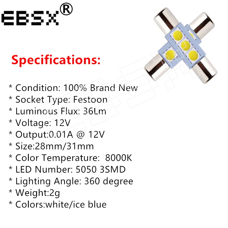 4 Шт. 12 В C5W T6 28 Мм 31 5050 3SMD Светодиодные Лампы Белого/голубого Цвета Для Потолка