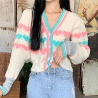 korean fall winter preppy style sweet kawaii v neck heart shaped jacquard full sleeve sweaters knitting pullover sweater female
