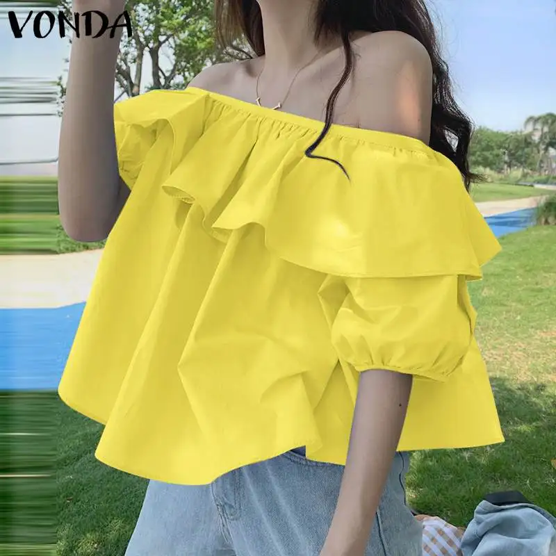 

Women Ruffled Shirts 2022 VONDA Sexy Off Shoulder Tops Summer Half Sleeve Tunic Blouses Casual Loose Solid Party Elegant Chemise