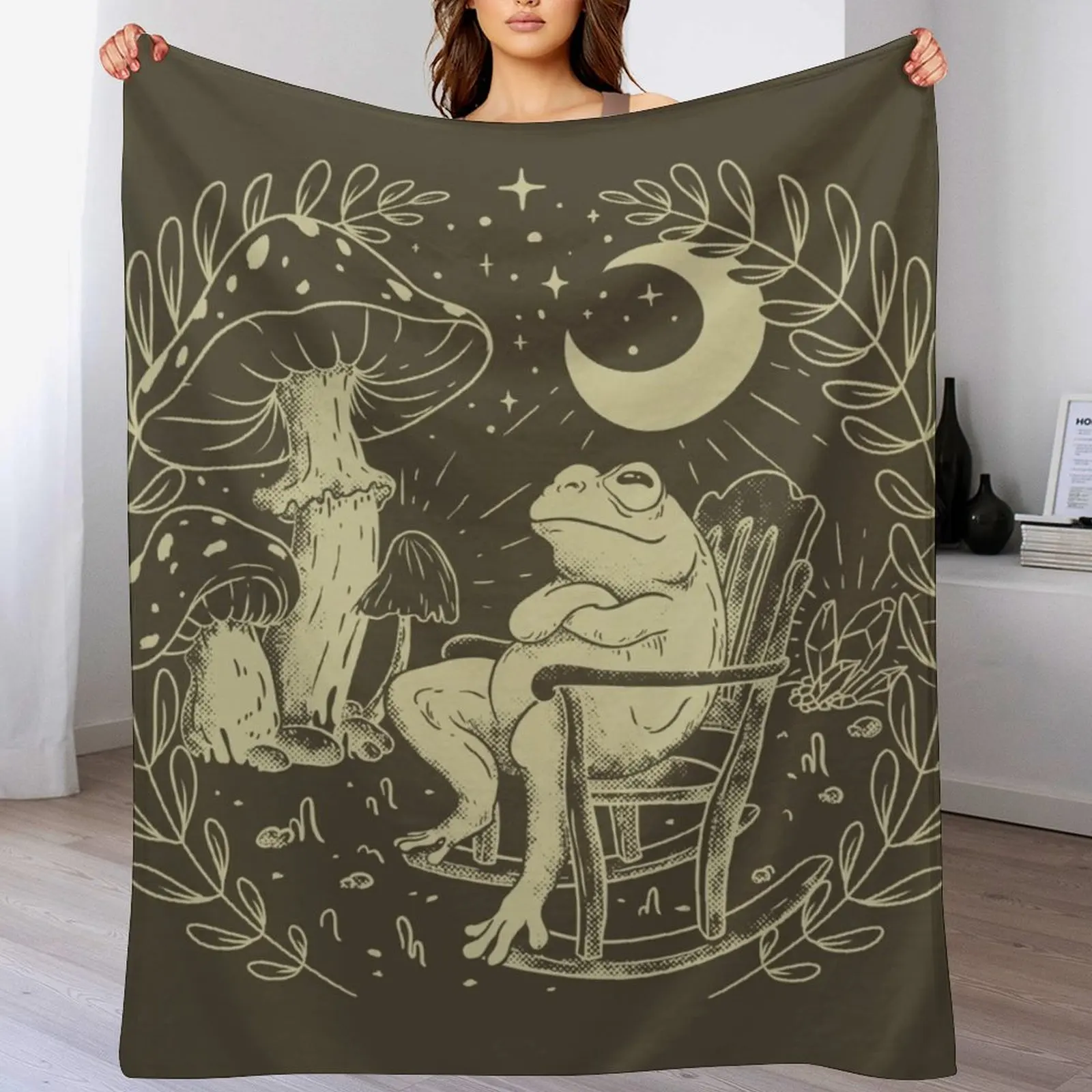 Goblincore Aesthetic Cottagecore Frog Chilling - Хаки waiting for grzyb to grow Mycology Fungi Shrooms Fo Throw Blanket