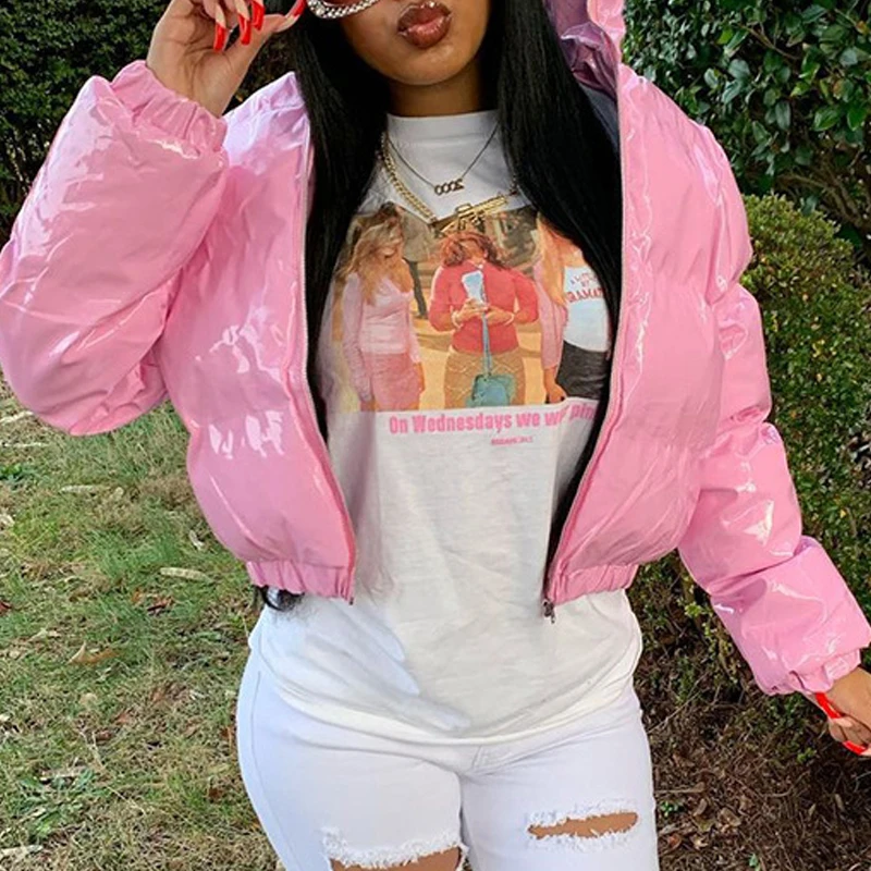 Модная Милая женская Яркая розовая пуховая куртка из искусственной кожи зимние