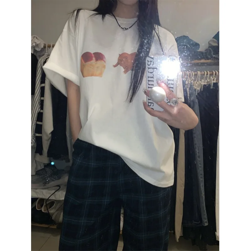 

Summer Short sleeved T-shirt Korean Cat Print Tee Shirts Baggy Harajuku Graphic T Shirt Women Fashion Casual Y2k Aesthetics Tops