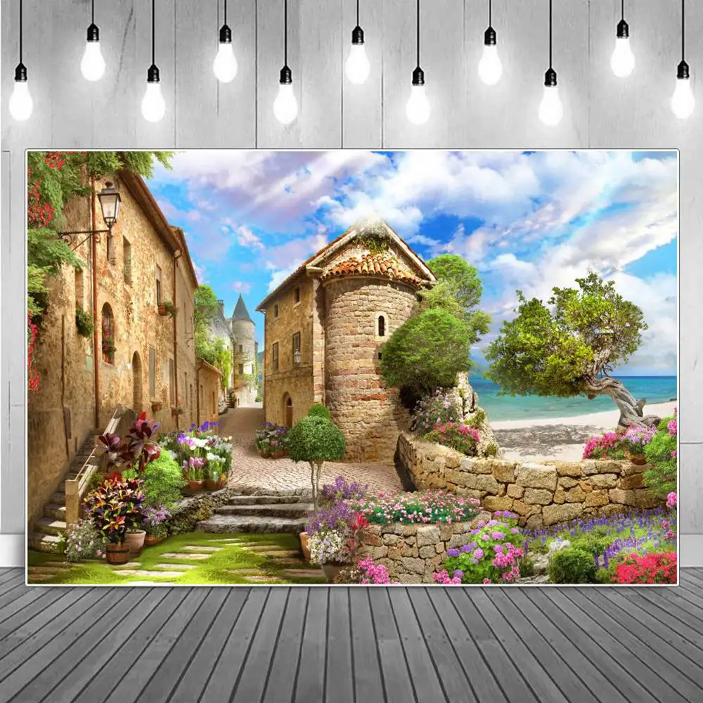 

Rural Flowers Garden Pathway Scenic Photography Backdrops Seaside House Buildings Plant Pots Stairs Decoration Photo Backgrounds