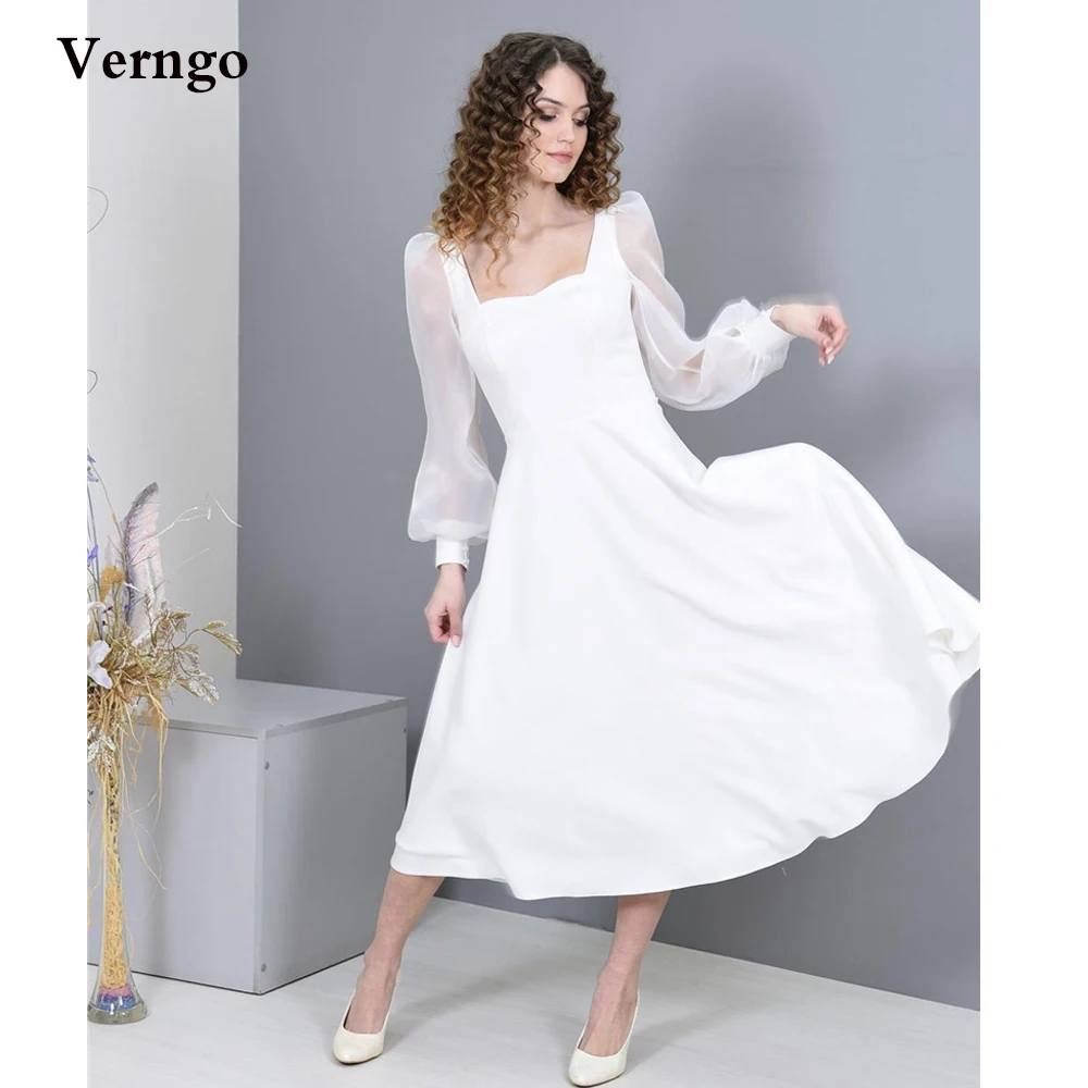 

Verngo Simple A Line Wedding Dresses Long Sleeves Square Neck Tea Length Bride Gowns Women Beach Country Party Dress