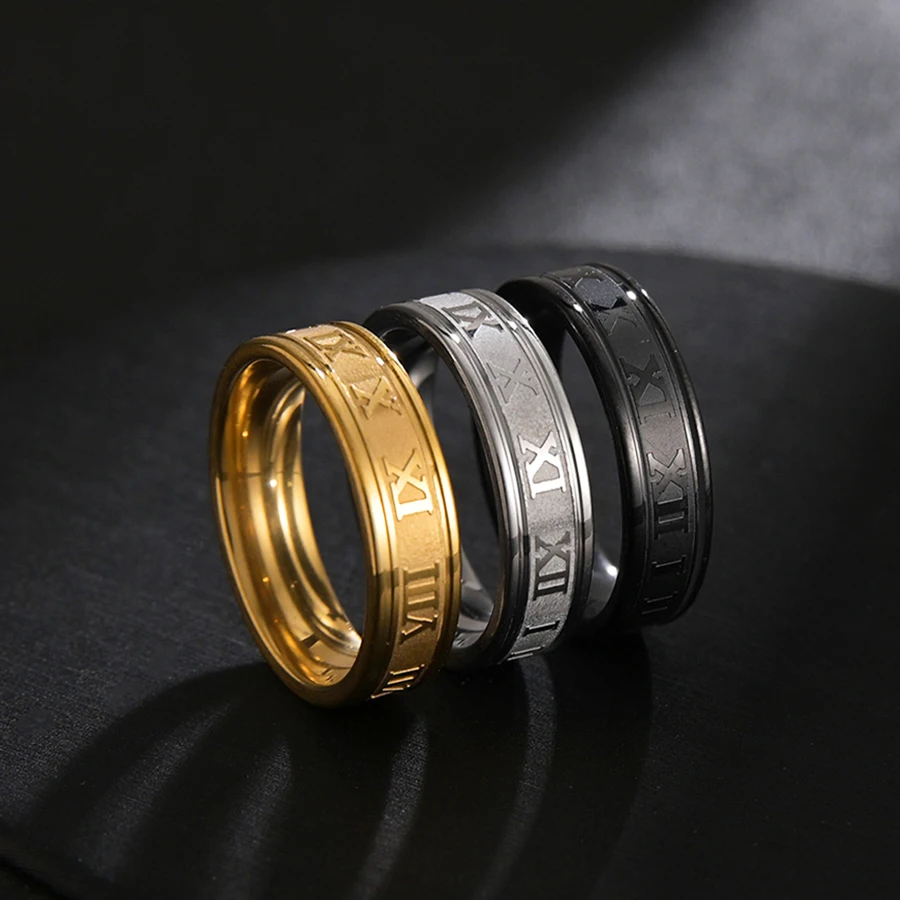 

Hot Selling 6mm Punk Roman Numerals Rings High Quality Stainless Steel Women Men Classics Jewelry For Party Gift Size 5-13