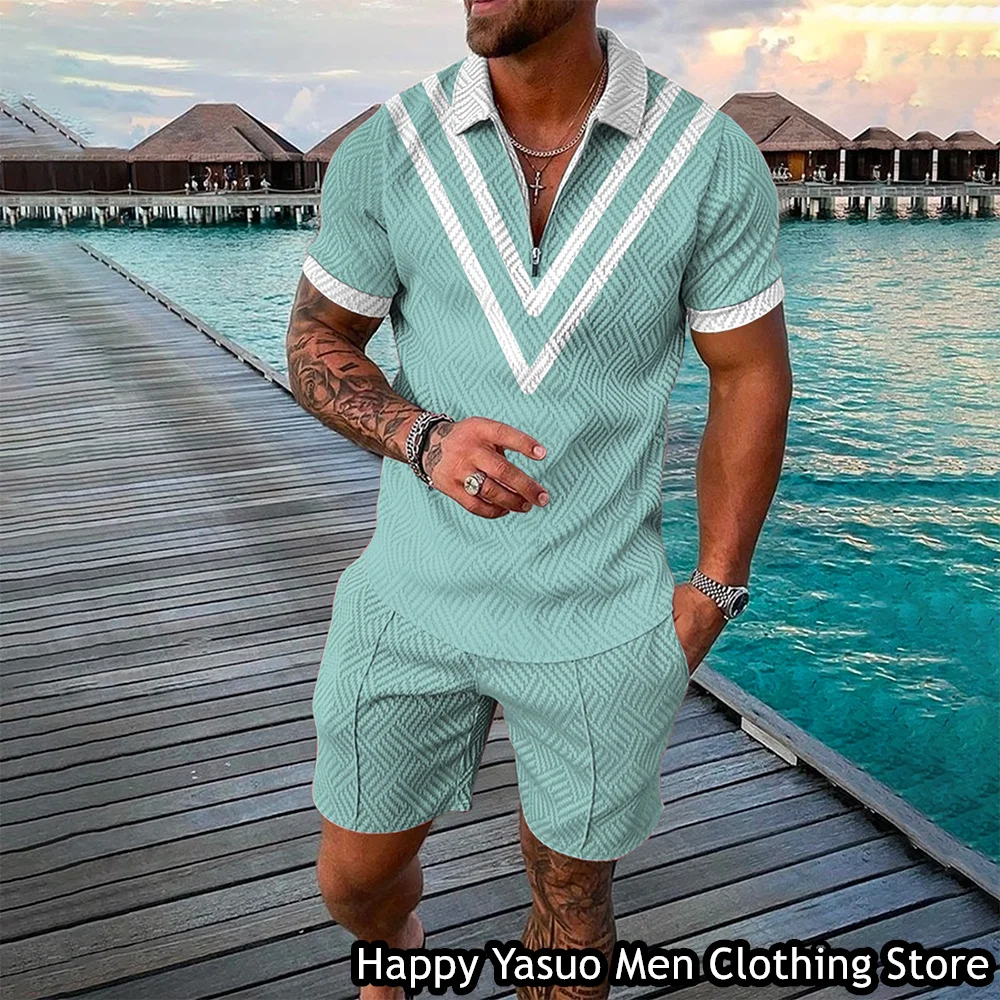 Summer Men Fashion Polo Shirt Set 2 Pieces Casual Tracksuit Solid Color Printing Outfit Male Suit Retro Style Holiday Clothing