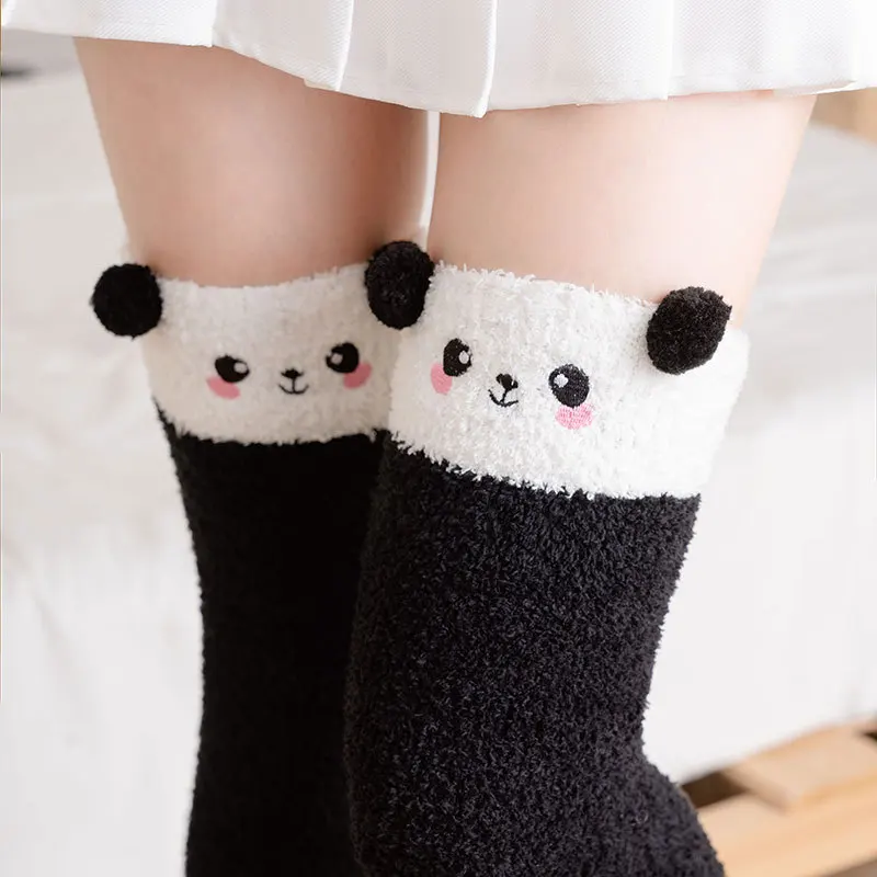 Winter Panda Cute High Fuzzy Socks For Women Girls Cartoon Bear Puppy Thermal Stockings Woman Black Sleep Fluffy Over Knee Socks