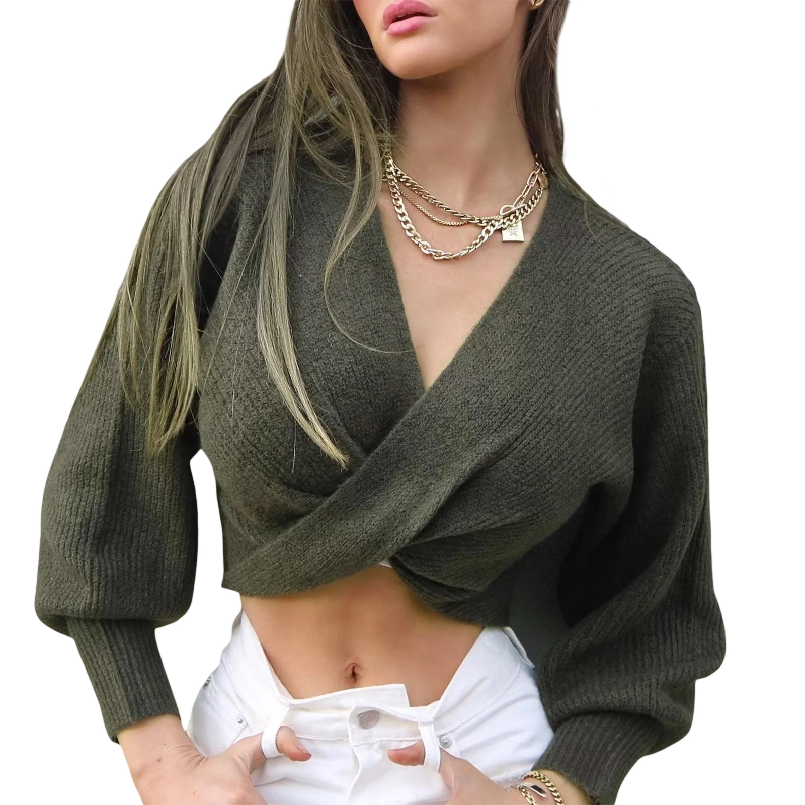 

Women Fashion Reversible Short Sweater Long Sleeve V Neck Knitting Pleated Twisted Casual Pullover Crop Tops Streetwear