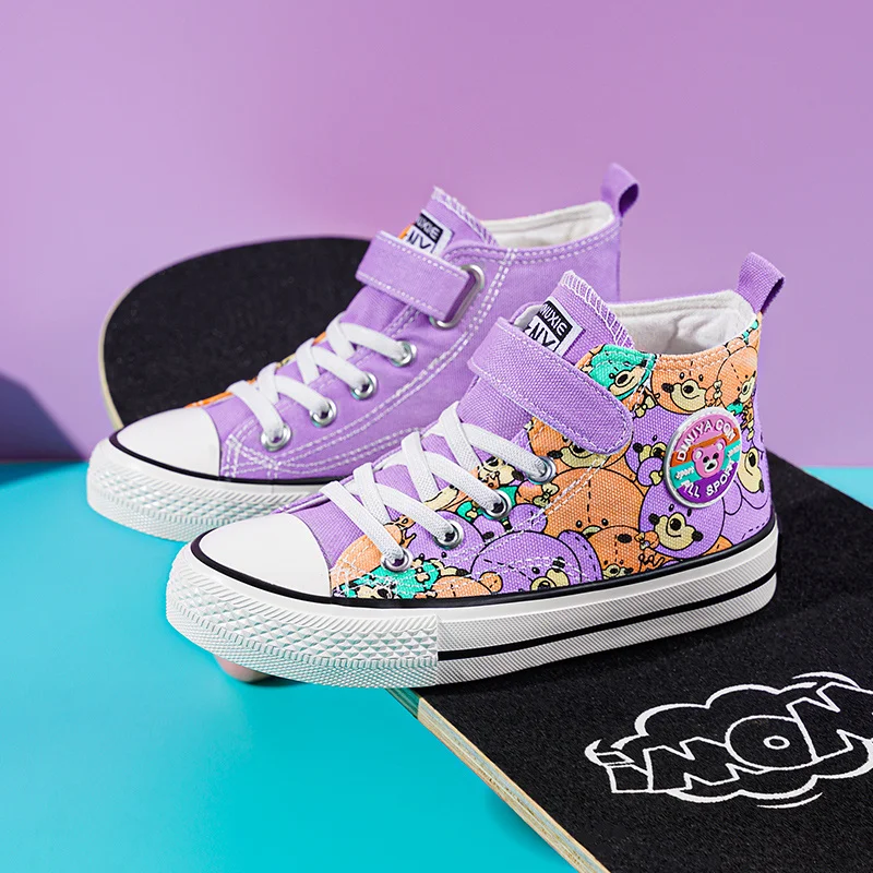 2022 Spring Fashion Red Cartoon Print Canvas Shoes for Girls High top Kids Sneakers Skateboard Flat Children Shoes basket fille