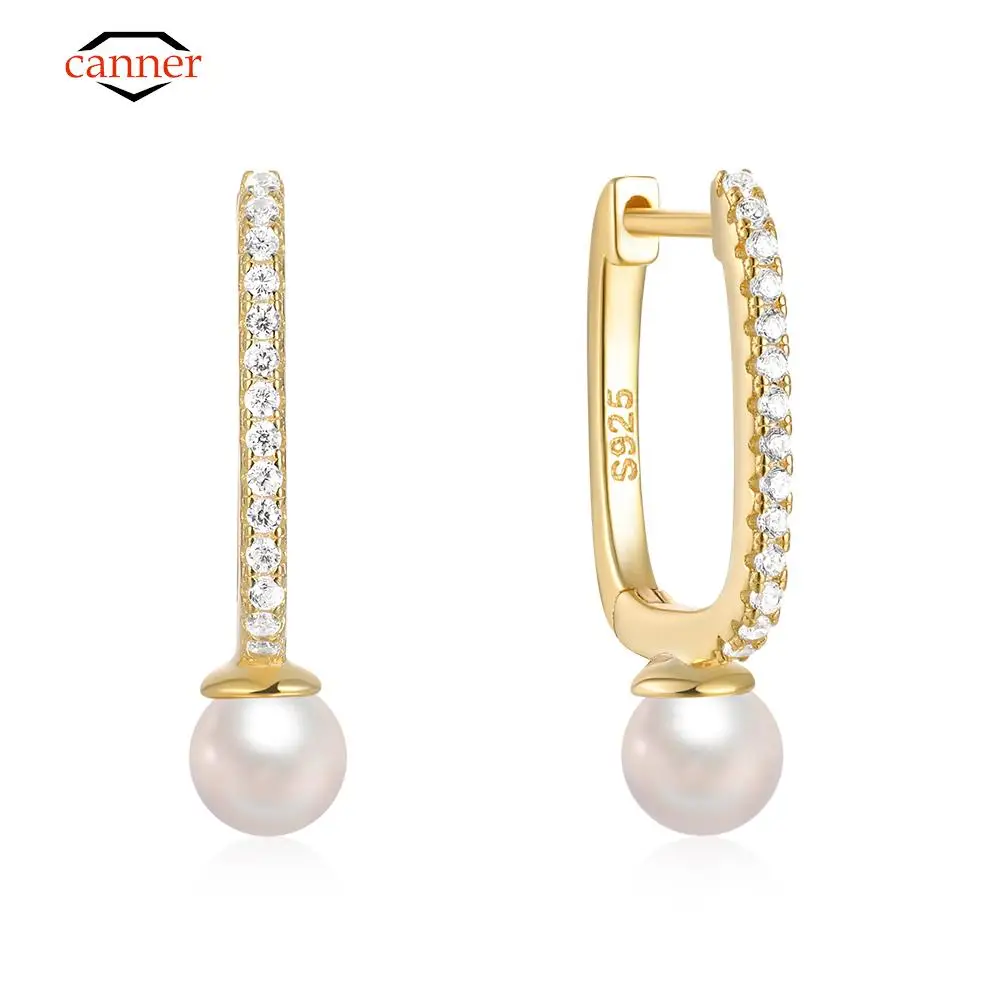 

CANNER U-Shaped Pearl 925 Sterling Silver Earring For Women Hoop Earrings Pendientes Fine Jewelry Zirconia 18K Gold Mom Gift