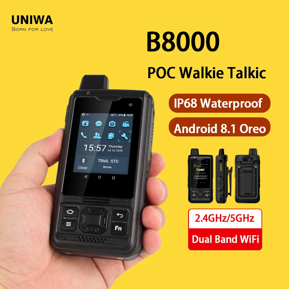 UNIWA B8000 Android 8.1 Walkie Talkie IP68 Waterproof MobilePhone MT6739 4G LTE Quad Core Smartphone POC Zello Cellphone 4000mAh