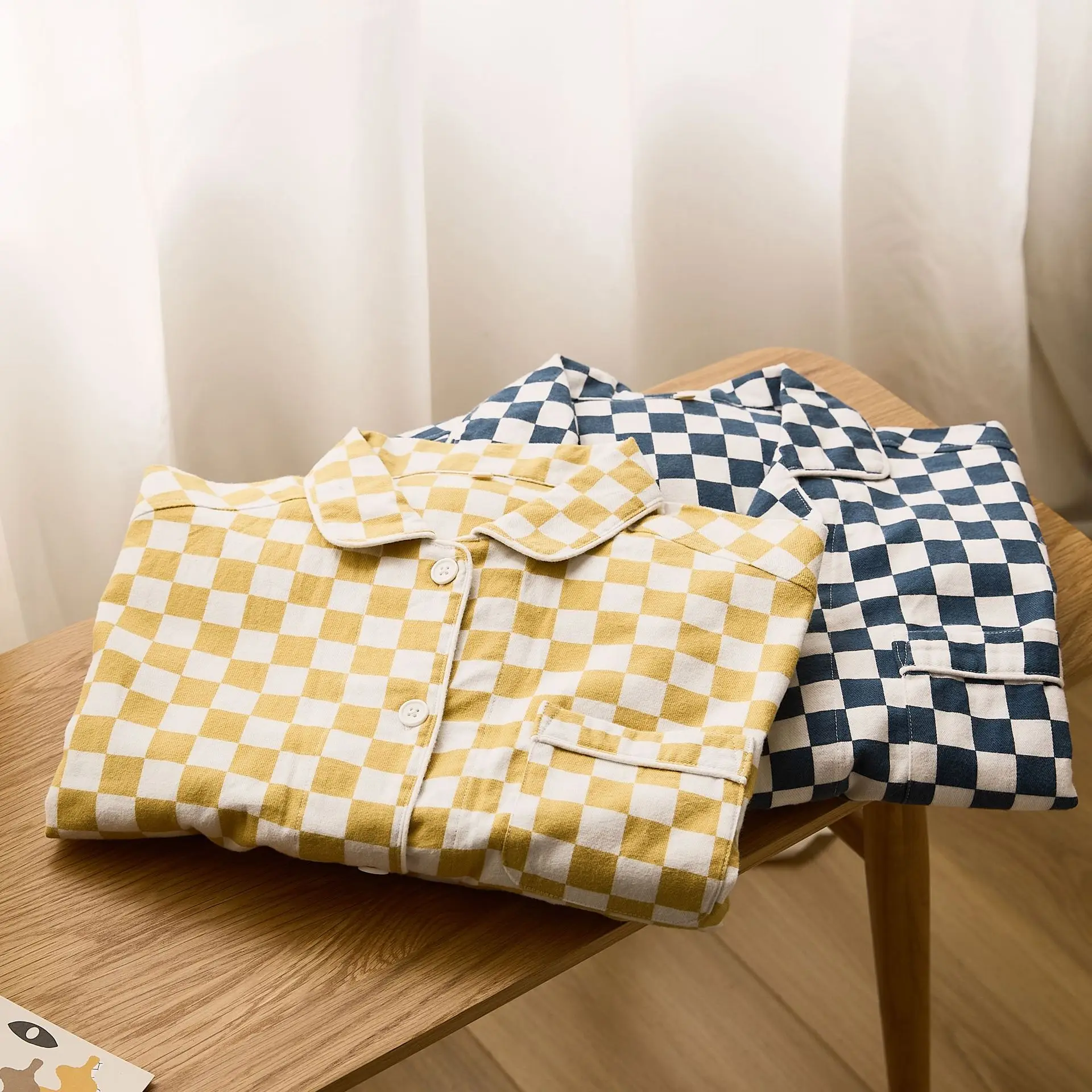 

Spring and Autumn Cotton Brushed Fabric Couples Homewear Chessboard Design Sleep Wear Long Sleeve Couple Pajama Set